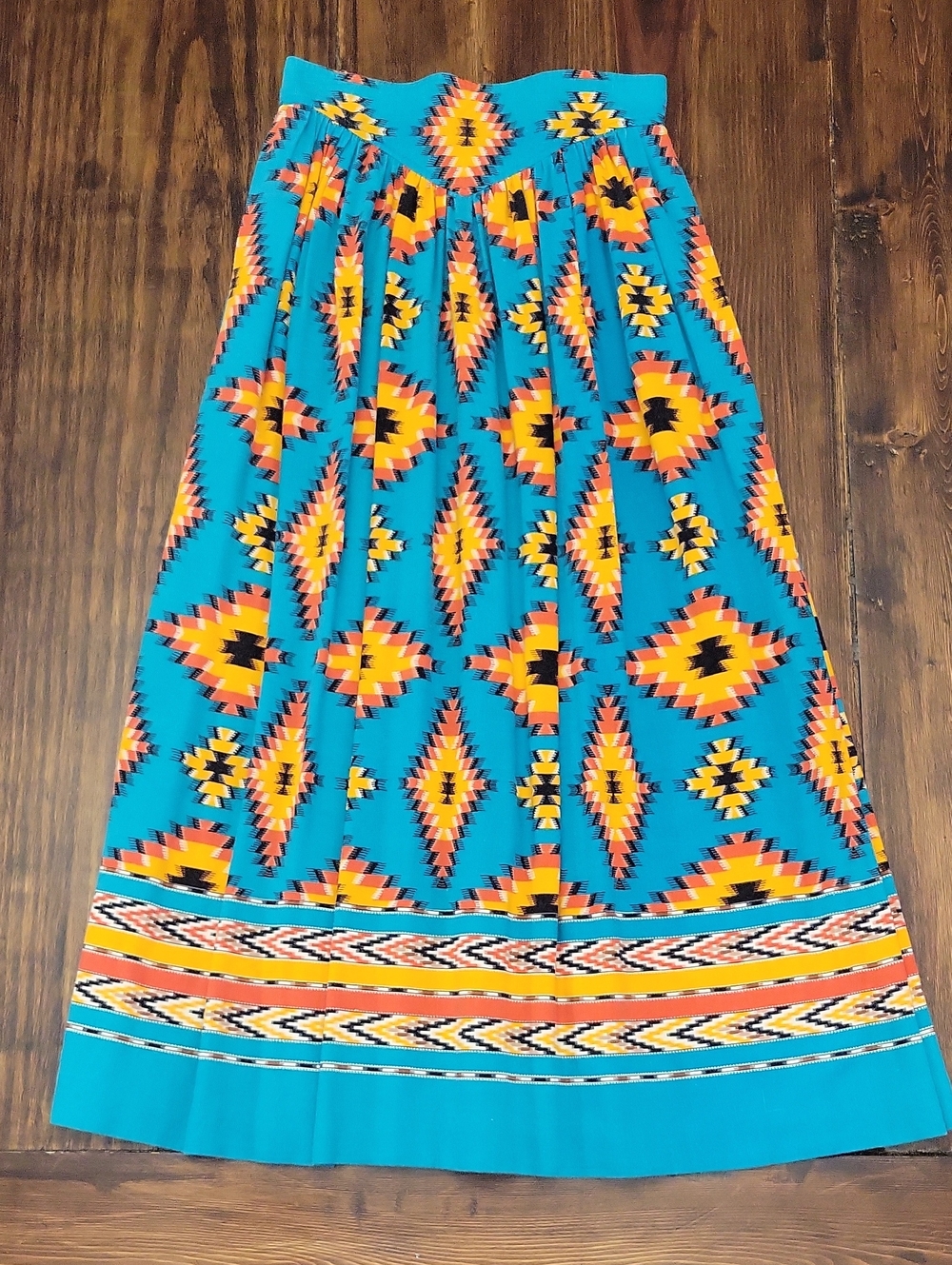 Vintage Turquoise Aztec-Pattern Maxi Skirt with Vibrant Geometric Print